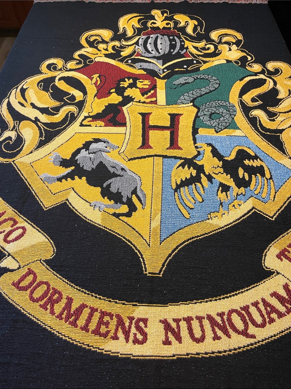 Hogwarts Crest Woven Throw Blanket - Black with Gold, Red, Green, Blue